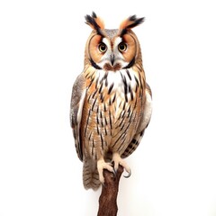 Wall Mural - Long-eared owl bird isolated on white background.