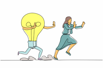 Poster - Single continuous line drawing scared businesswoman being chased by light bulb. Female manager losing business idea, inspiration, innovation. Minimalism metaphor. One line design vector illustration