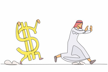 Poster - Continuous one line drawing unhappy Arab businessman being chased by dollar symbol. Manager afraid with financial crisis, losing his money. Minimalist metaphor. Single line design vector illustration