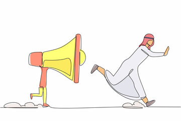 Poster - Single continuous line drawing unhappy Arabian businessman being chased by megaphone. Manager feeling angry with loud screaming of marketing concept. One line draw graphic design vector illustration