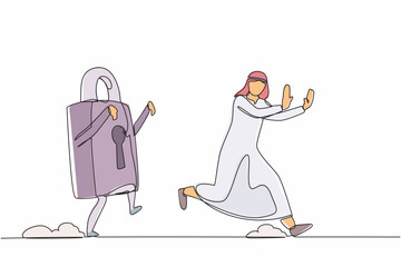 Poster - Continuous one line drawing unhappy Arabian businessman being chased by padlock. Manager failed to get business protection security. Minimalist metaphor. Single line design vector graphic illustration