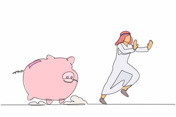 Poster - Single continuous line drawing unhappy Arab businessman being chased by piggy bank. Manager difficult to handle financial or economic crisis. Minimalism metaphor. One line design vector illustration