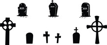 Spooky Tombstone Vector Illustration. RIP Gravestone For Halloween, Cemetery Or Tomb, Stone Crosses On White Background. Halloween, Funeral Concept
