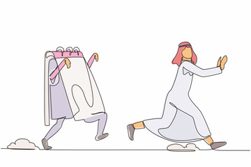 Poster - Single one line drawing unhappy Arabian businessman being chased by calendar. Office employee exhausted with rush project schedule. Minimal metaphor. Continuous line design graphic vector illustration