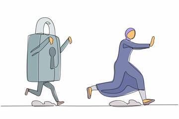 Poster - Continuous one line drawing fright Arabian businesswoman being chased by padlock. Female manager afraid with office security or business protection. Single line draw design vector graphic illustration