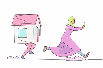 Poster - Single one line drawing fright Arab businesswoman being chased by house. Female employee afraid with increasing housing loan. Minimal metaphor. Continuous line draw design graphic vector illustration