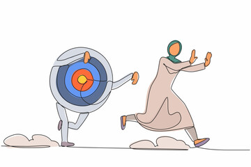 Poster - Single continuous line drawing fright Arabian businesswoman being chased by archery bullseye target. Female manager losing idea in business goals or target. One line graphic design vector illustration
