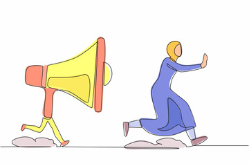Poster - Continuous one line drawing fright Arabian businesswoman being chased by megaphone. Active female manager in loud screaming for mass communication. Single line draw design vector graphic illustration