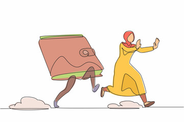 Poster - Continuous one line drawing fright Arab businesswoman being chased by wallet. Female manager losing business profit, losing money. Minimalist metaphor. Single line design vector graphic illustration