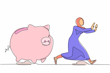 Poster - Continuous one line drawing fright Arab businesswoman being chased by piggy bank. Worker in financial or economic crash. Losing money. Minimalist metaphor. Single line draw design vector illustration