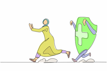 Poster - Continuous one line drawing fright Arabian businesswoman being chased by shield. Female employee afraid about increasing of healthcare insurance. Single line design vector graphic vector illustration