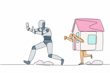 Poster - Continuous one line drawing stressed robot being chased by house. Afraid with increasing housing loan. Humanoid cybernetic organism. Robotic development. Single line design vector graphic illustration