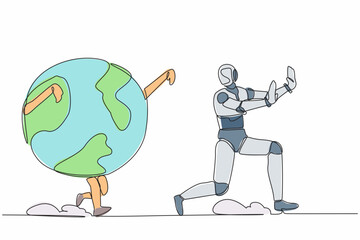 Poster - Single one line drawing stress robot being chased by globe. Afraid about climate change, ecological destruction. Future technology development. Continuous line draw design graphic vector illustration