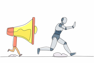 Poster - Continuous one line drawing stressed robot being chased by megaphone. Robot in loud screaming for mass communication. Humanoid robot cybernetic organism. Single line draw design vector illustration