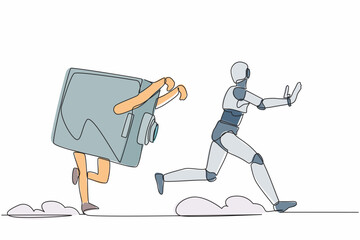 Poster - Continuous one line drawing stress robot being chased by safe deposit box. Financial secure system, banking protection. Humanoid robot cybernetic organism. Single line draw design vector illustration