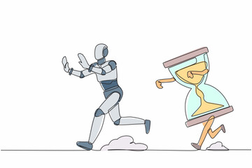 Poster - Single continuous line drawing stressed robot being chased by hourglass. Afraid with work deadline, depression. Modern robotic artificial intelligence. One line draw graphic design vector illustration