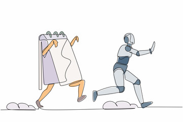 Poster - Continuous one line drawing stressed robot being chased by calendar. Afraid with project schedule deadline. Humanoid robot cybernetic organism. Single line draw design vector graphic illustration