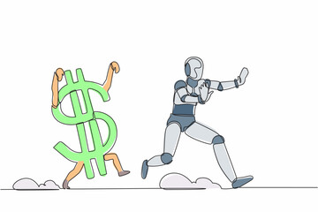 Poster - continuous one line drawing stressed robot being chased by dollar symbol. afraid with economic or fi