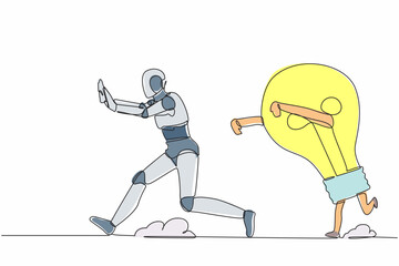Poster - Single continuous line drawing stressed robot being chased by light bulb. Afraid with innovation business idea. Electronic robotic technology industry. One line draw graphic design vector illustration