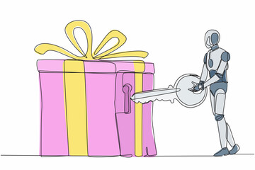 Poster - Continuous one line drawing robot putting key into gift box with ribbon. Celebration for success business achievement. Humanoid robot cybernetic organism. Single line draw design vector illustration