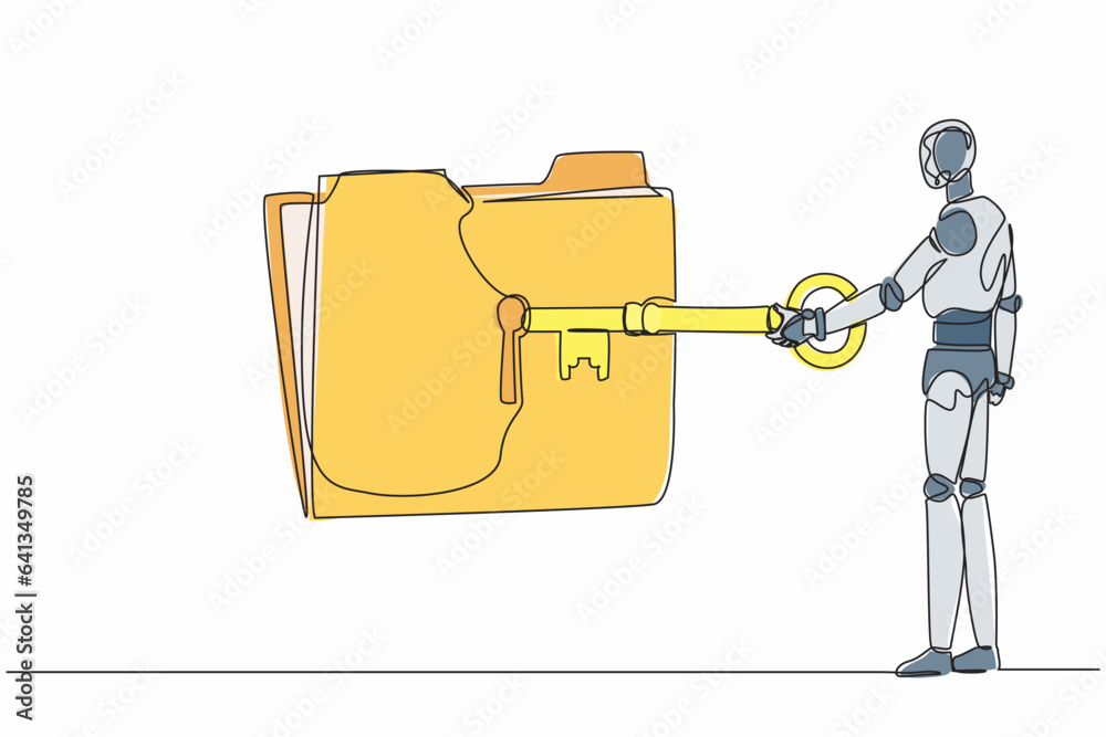 Single one line drawing robot put big key into folder. Document ...