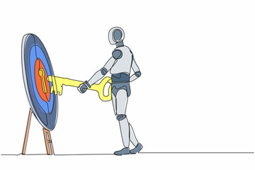 Poster - Single continuous line drawing robot putting big key into bullseye target. Unlock business opportunity. Goal achievement. Robotic artificial intelligence. One line design vector graphic illustration