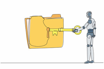 Poster - Single one line drawing robot put big key into folder. Document protection. Data security. Secret information. Future technology development. Continuous line draw design graphic vector illustration