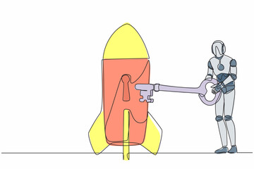 Poster - Single continuous line drawing robot putting key into rocket. Launching new tech business product. Restart business project. Robotic artificial intelligence. One line draw design vector illustration