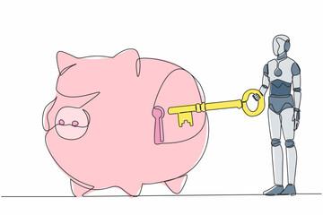 Aufkleber - continuous one line drawing robot putting big key into piggy bank. personal saving or money security
