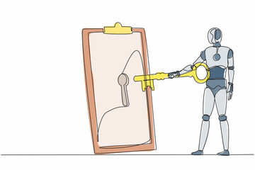 Poster - Single one line drawing robot put big key into clipboard. Digital document or contract for security protection. Future technology development. Continuous line draw design graphic vector illustration