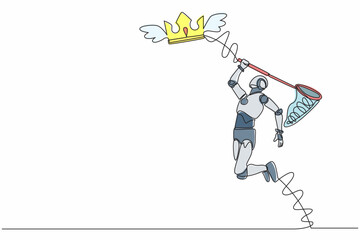 Poster - Single continuous line drawing robot try to catching flying crown with butterfly net. Royal, luxury, vip, robotic kingdom sign. Robot artificial intelligence. One line draw design vector illustration