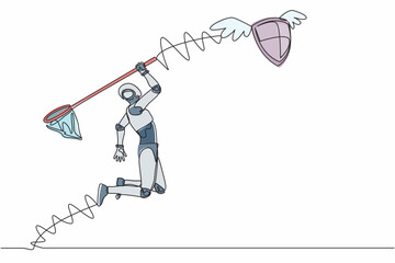 Poster - Continuous one line drawing robot try to catching flying shield with butterfly net. Expensive security for tech protection. Humanoid cybernetic organism. Single line graphic design vector illustration