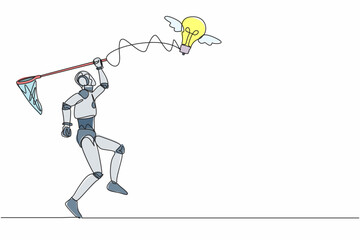 Poster - single one line drawing robot try to catching flying light bulb with butterfly net. hard to search t