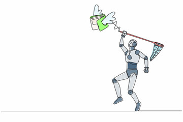 Poster - Single continuous line drawing robot try to catching flying wallet with butterfly net. Losing money in failed tech industry. Robotic artificial intelligence. One line draw design vector illustration