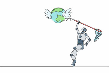 Poster - Single one line drawing robot try to catching flying globe with butterfly net. Business trip and travel with technology. Future technology development. Continuous line draw design vector illustration