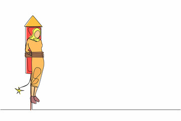 Poster - Continuous one line drawing Arabian businesswoman being fired and tied to launching rocket, feeling anxious, scared. Fear of impending disaster. Career failure. Single line design vector illustration