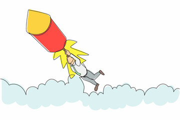 Poster - single continuous line drawing businessman fly on fireworks rockets while looking at business opport