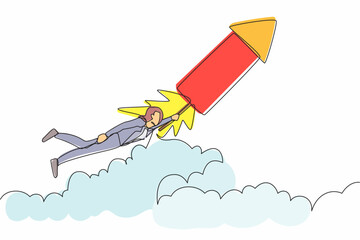 Poster - Single one line drawing businesswoman fly on firework rocket while looking at business opportunities. Excited employee searching for project innovation. Continuous line draw design vector illustration