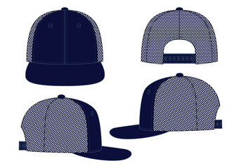 Sticker - Navy Blue Hip Hop Cap with Mesh Four Panel Back, Snap Back Strap Closure Template on White Background, Vector File