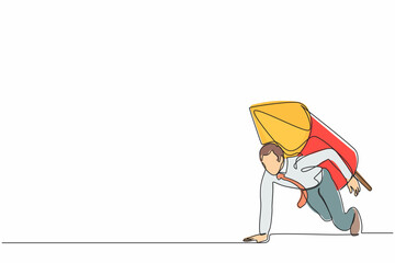 Poster - Single one line drawing businessman with rocket on back stand on start ready for business race. Excited motivated employee prepare for project launch. Continuous line draw design vector illustration