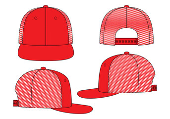 Red Hip Hop Cap with Mesh Four Panel Back, Snap Back Strap Closure Template on White Background, Vector File