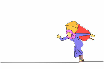 Poster - Single continuous line drawing Arab businesswoman with rocket on back stand on start ready for business race. Skill to boost fast business to win competition. One line draw design vector illustration