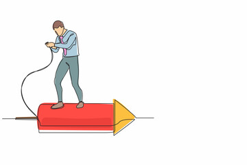 Poster - Continuous one line drawing businessman standing on firework rocket and trying to set it on fire to growth his career track. Agility or innovation for success. Single line design vector illustration