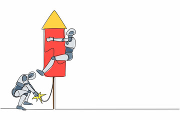 Poster - single one line drawing robot ignite firework rocket while his teammates prepare to fly on the rocke