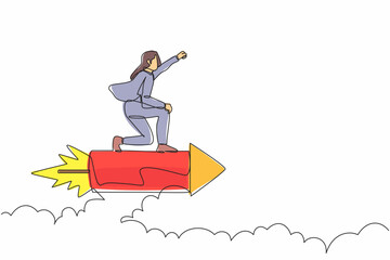 Poster - Continuous one line drawing of attractive businesswoman flying high riding firework rocket. Ready to transformation and launching new idea startup business. Single line draw design vector illustration