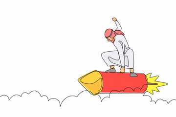 Poster - single continuous line drawing happy arab businessman riding a rocket through the sky, concept for b
