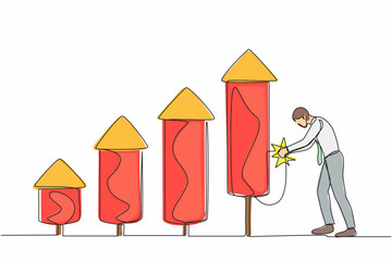 Poster - Continuous one line drawing smart businessman ignite firework rocket bar graph to increase company growth. Grow business, boost investment profit. Single line draw design vector graphic illustration
