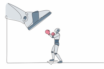 Poster - Single one line drawing robot punching uppercut under big foot stomp. Robot against authoritarian or anger boss. Future technology development. Continuous line draw design graphic vector illustration
