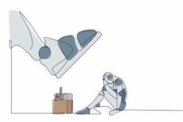 Poster - Single continuous line drawing robot sitting on the floor near office supplies under big foot stomp. Unemployment, dismissal. Robotic artificial intelligence. One line draw design vector illustration