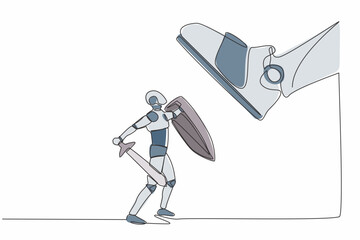 Poster - Single one line drawing of robot fight to giant foot with shield and sword. Robot against boss big shoe stomp. Future technology development. Continuous line draw design graphic vector illustration